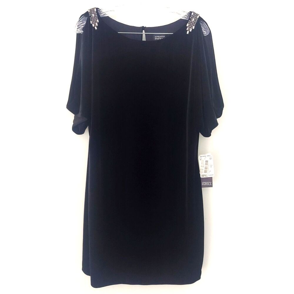 Adrianna Papell Black Velvet Dress Cold Shoulder Short Sleeve Rhinestone Size 8